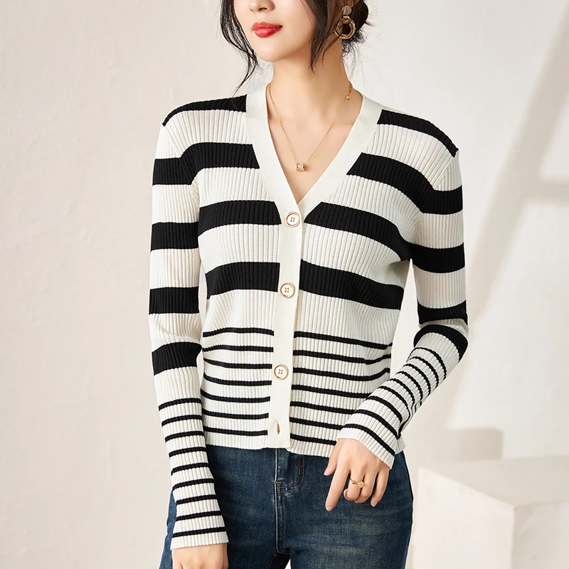 

Elegant 50% Wool Cardigans For Women Autumn V-neck Long Sleeve Women's Striped Knitted Cardigan Slim Single Breasted Sweaters
