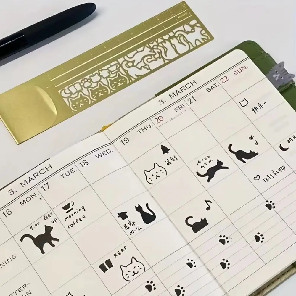 양면 고양이 패턴 눈금자 정밀 교육용 고양이 템플릿 눈금자 문구 도구 귀여운 금속 책갈피 그림 그리기 도구