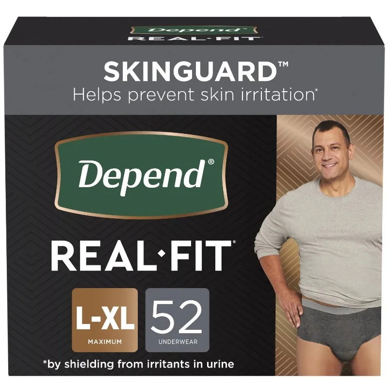 

Depend Real Fit Adult Incontinence Underwear for Men, L/XL, Black, 52Ct