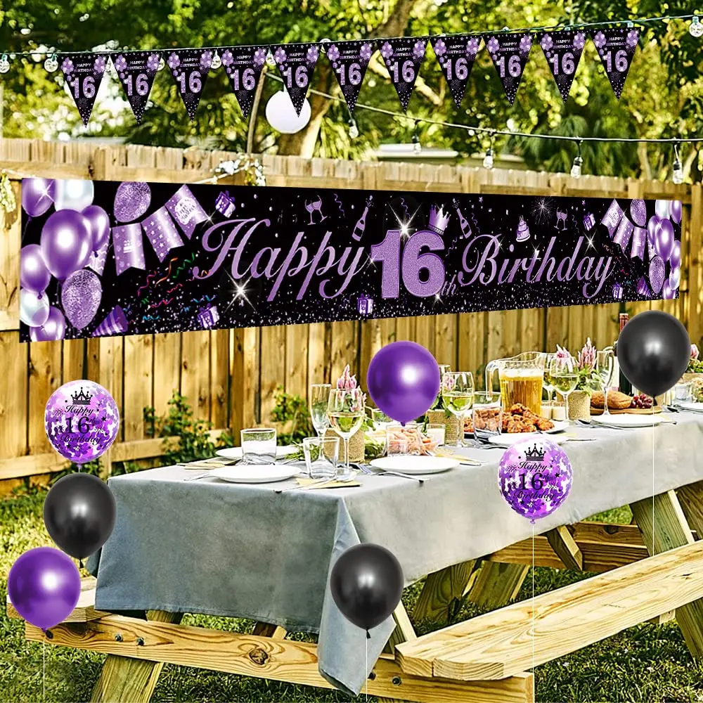 

16th 18th Birthday Decorations Purple Birthday Banner 16th Happy Birthday Poster Girl Birthday Party Supplies Birthday Backdrop