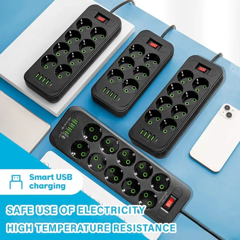 Power Strip EU Plug AC Outlet With 4 USB Ports Fast Charge Multiprise Network Filter