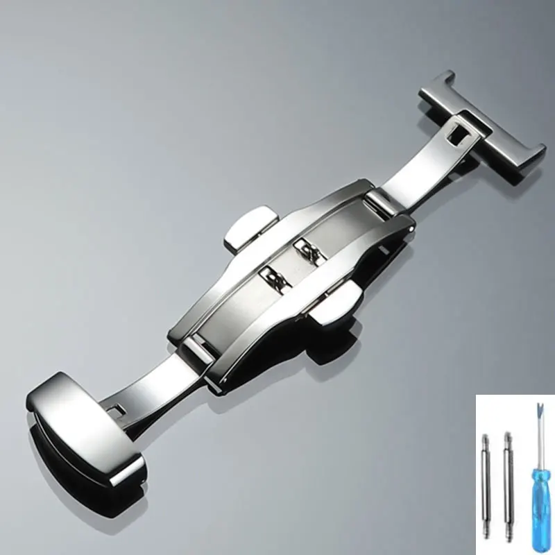 Enhanced Stainless Steel Butterfly Watchband Clasp - Double Click Deployment, Push Button Closure, Multiple Size Options