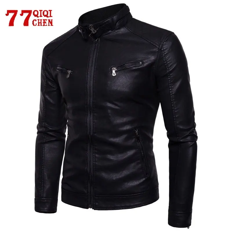 

Mens PU Leather Motorcycle Jacket Thick Velvet Zipper Pocket Stand Collar Biker Jackets Fashion Slim Coat Male Chaquetas 3XL New