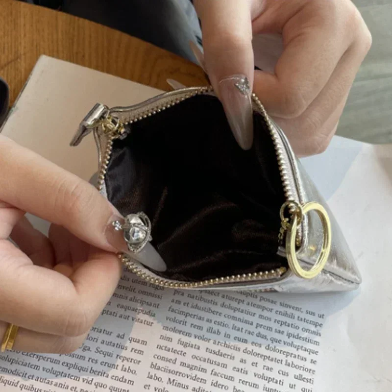 Fashion Genuine Leather Storage Bag Zipper Coin Purse Mini Cute Silver Wallet for Women Portable Key Card Coin Organizer Pouch