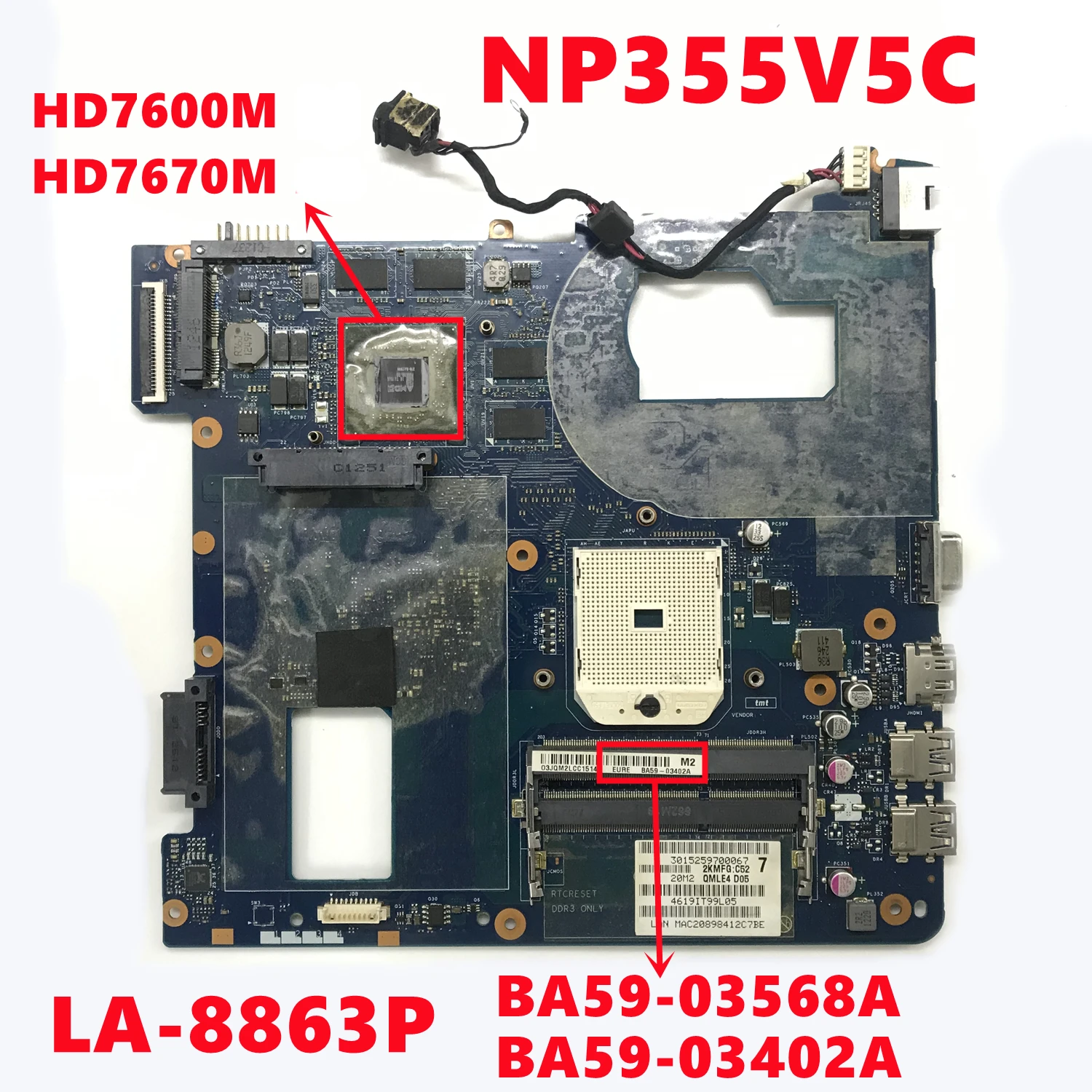 BA59-03568A BA59-03402A For SAMSUNG NP355 355V5C NP355V5C Laptop Motherboard QMLE4 LA-8863P With HD7600M HD7670M GPU 100% Tested
