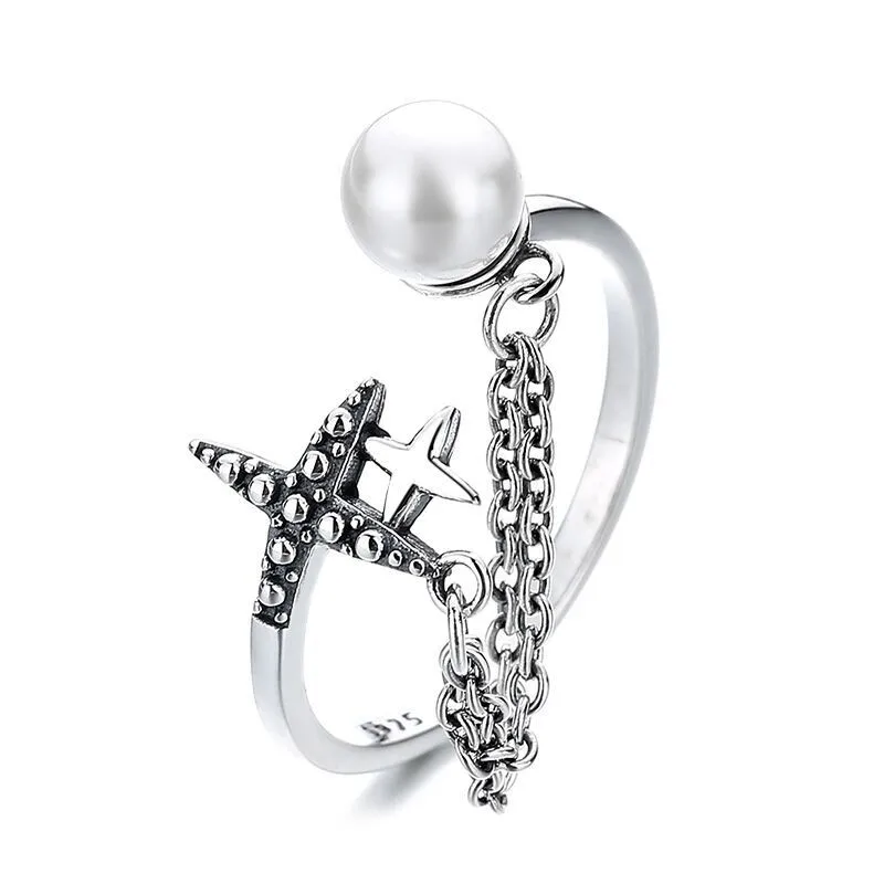 

451FJ ZFSILVER Silver 925 Trendy Adjustable Luxury Fresh Retro Star Pearl Chain Tassel Ring For Girl Women Wedding Party Jewelry