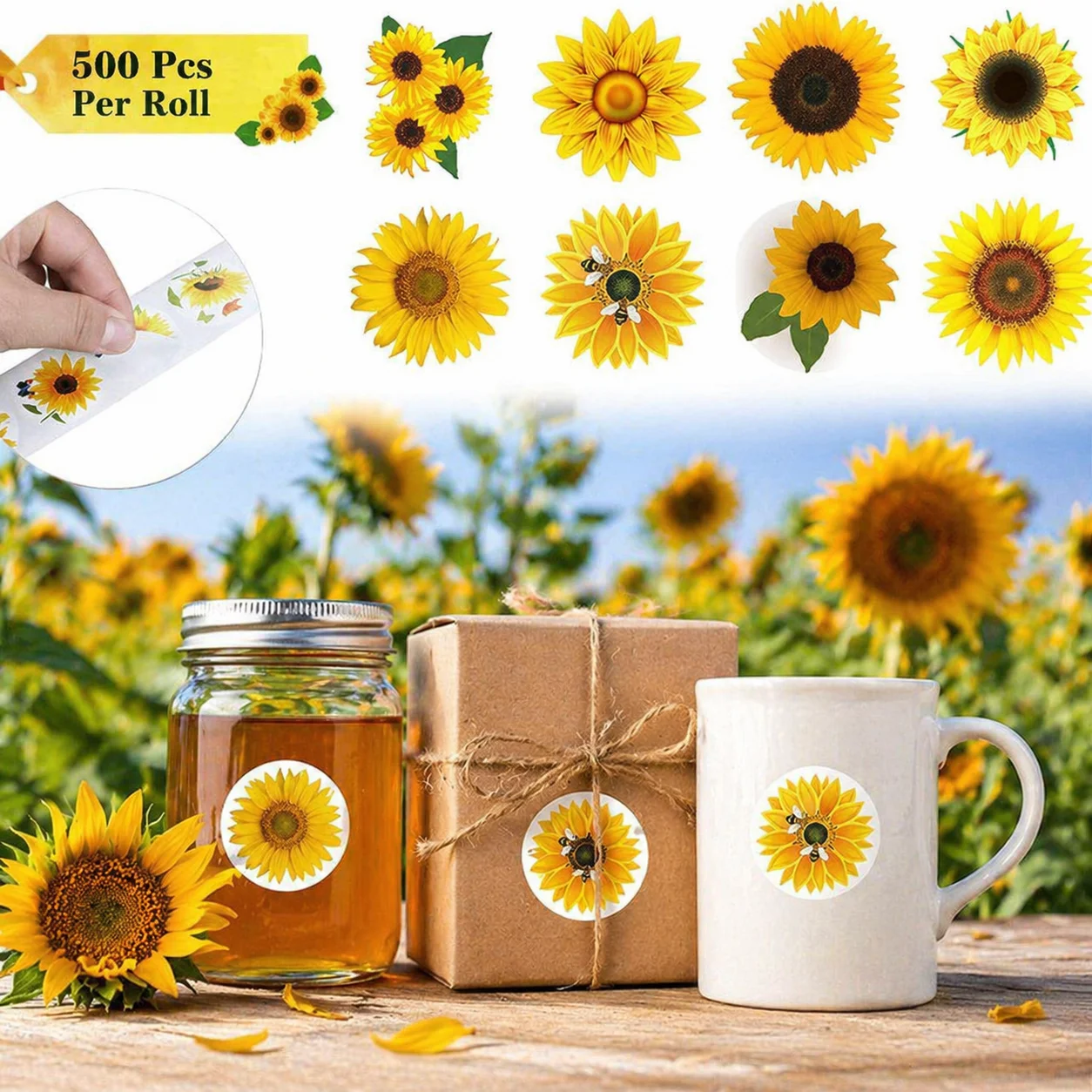 다채로운 해바라기 패턴 스티커 500개 라운드 라벨 DIY 공예 포장 및 개인화 장식에 적합