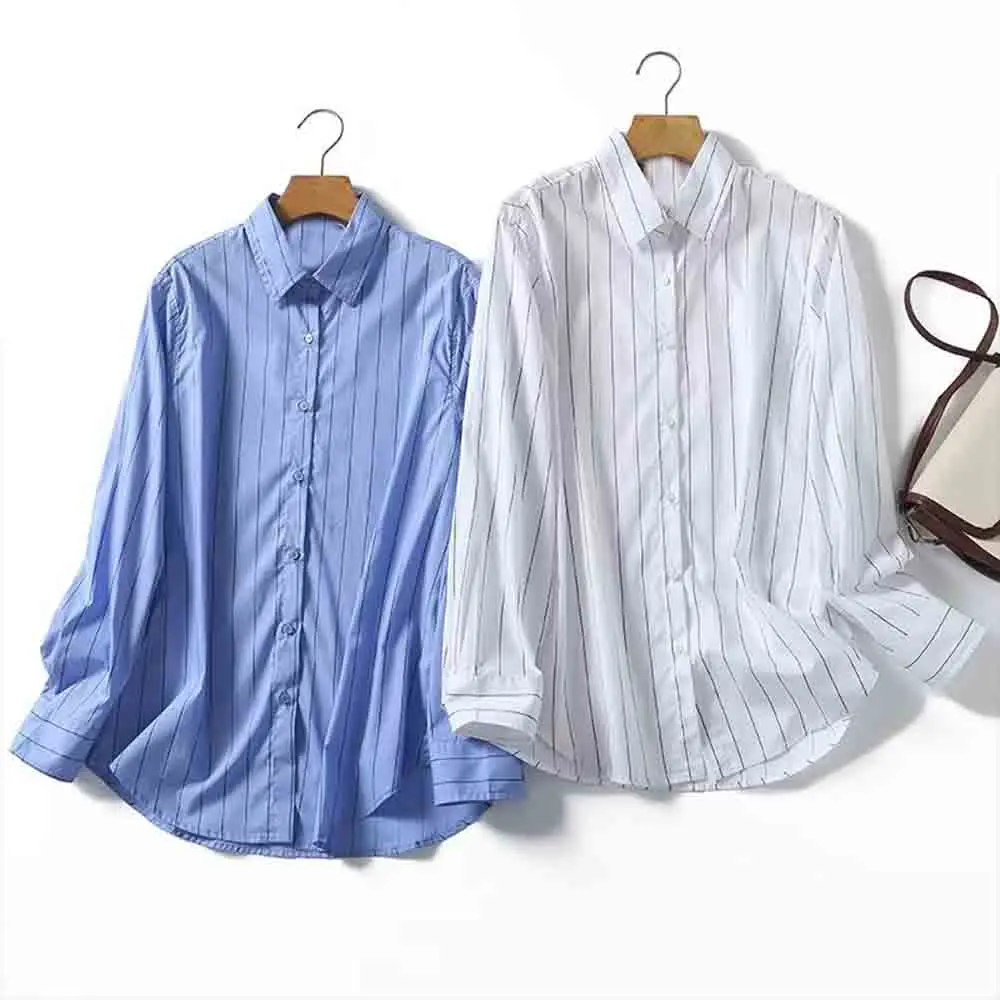 

Women 2023 New Fashion French style Loose Wide Striped Casual Blouses Vintage Long Sleeve Button-up Female Shirts Chic Tops