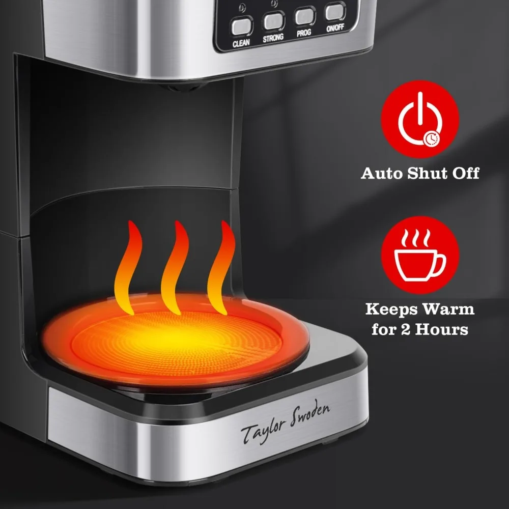 2025 Taylor Swoden 12-Cup Programmable Coffee Maker, Regular & Strong Brew Drip Coffee Machine for Home and Office, Glass Carafe 4