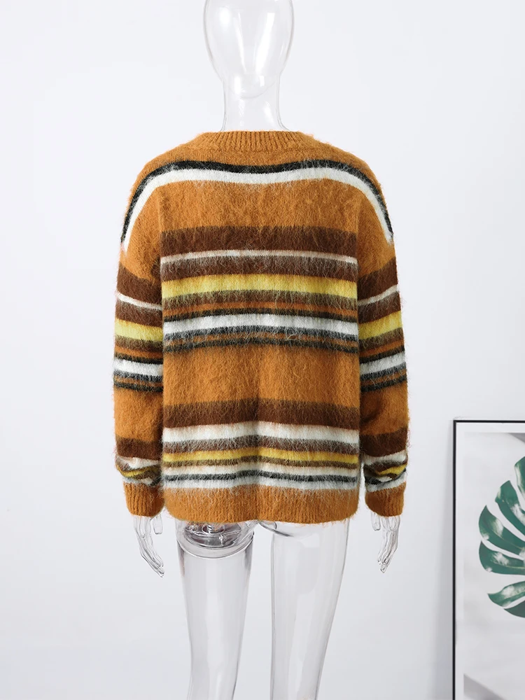 Gestreiften Langhaarigen frauen Pullover Oansatz Milch Tee Farbige Lange Hülse Weibliche Strickwaren Herbst Mode Casual Pullover Für Damen – Detail 10