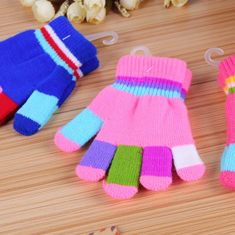 Winter Kids Knitted Gloves Rainbow Stripe Boys Girls Warm Mittens Autumn Colorful Children Elastic Full Finger Glove