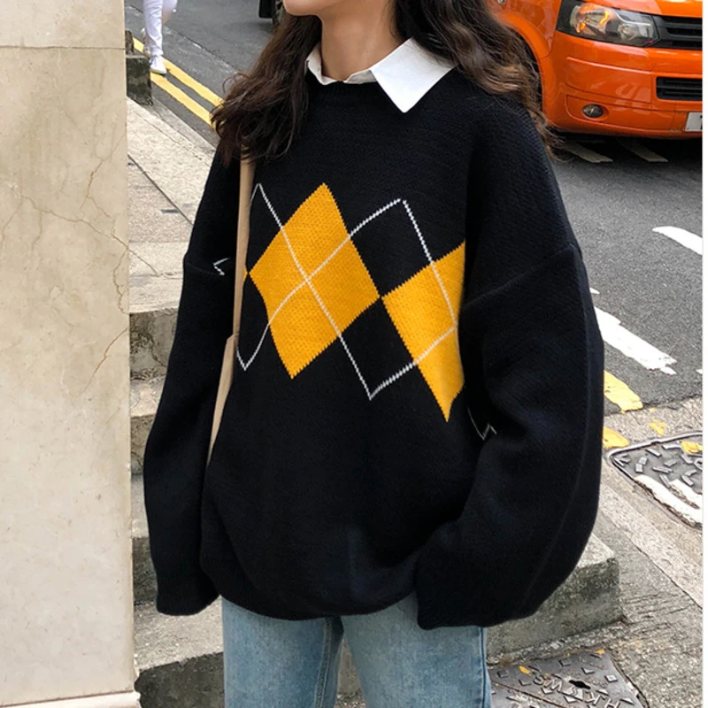 Womens Sweater Winter Geometric Pattern Fashion Basic Casual Regular Tops Female Long Sleeve Korean Oversize Jumpers Pullovers blue sweater