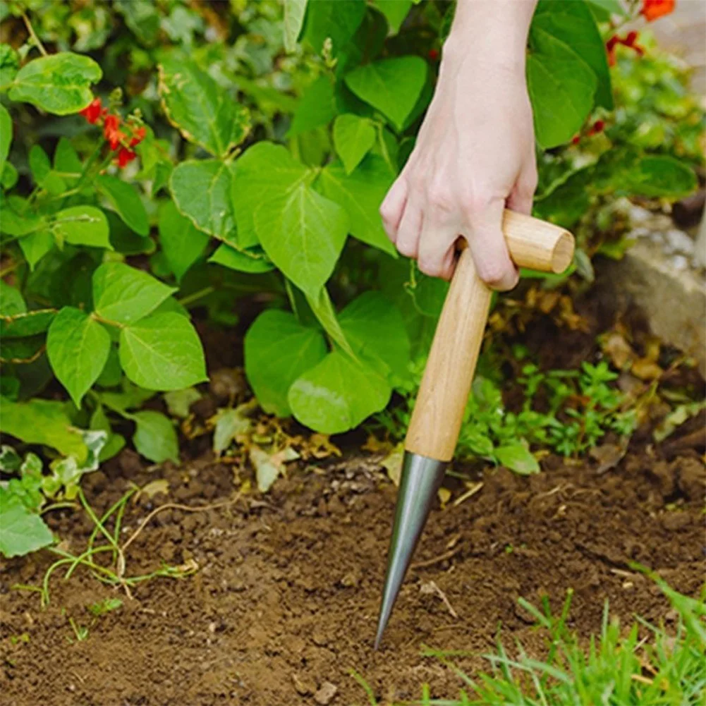 1pc Hand Dibber Garden Tool Stainless Steel Sow Dibbler With Wood Handle For Sowing Seeds Transplanting Plants Planting Bulb Dig