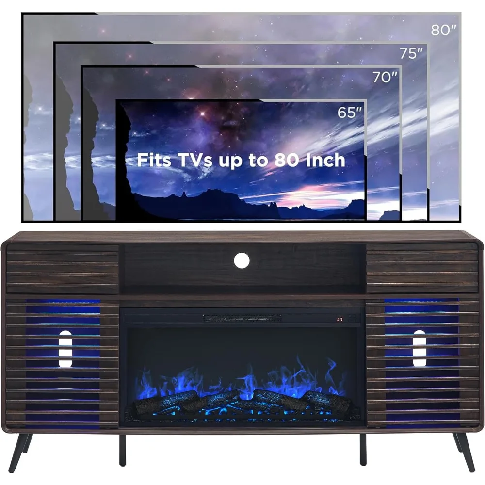 Fireplace TV Stand for 80 Inch TV, Mid Century Modern Entertainment Center with 36" Electric Fireplace & Led Lights, Wo 6