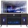 Fireplace TV Stand for 80 Inch TV, Mid Century Modern Entertainment Center with 36" Electric Fireplace & Led Lights, Wo 6