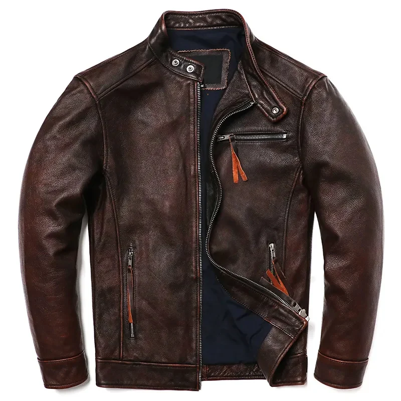 

Free Shipping Vintage Brown Style Genuine Leather Men's 100% Natural Cowhide Fashion Clothes Motocyle Biker Slim Jacket