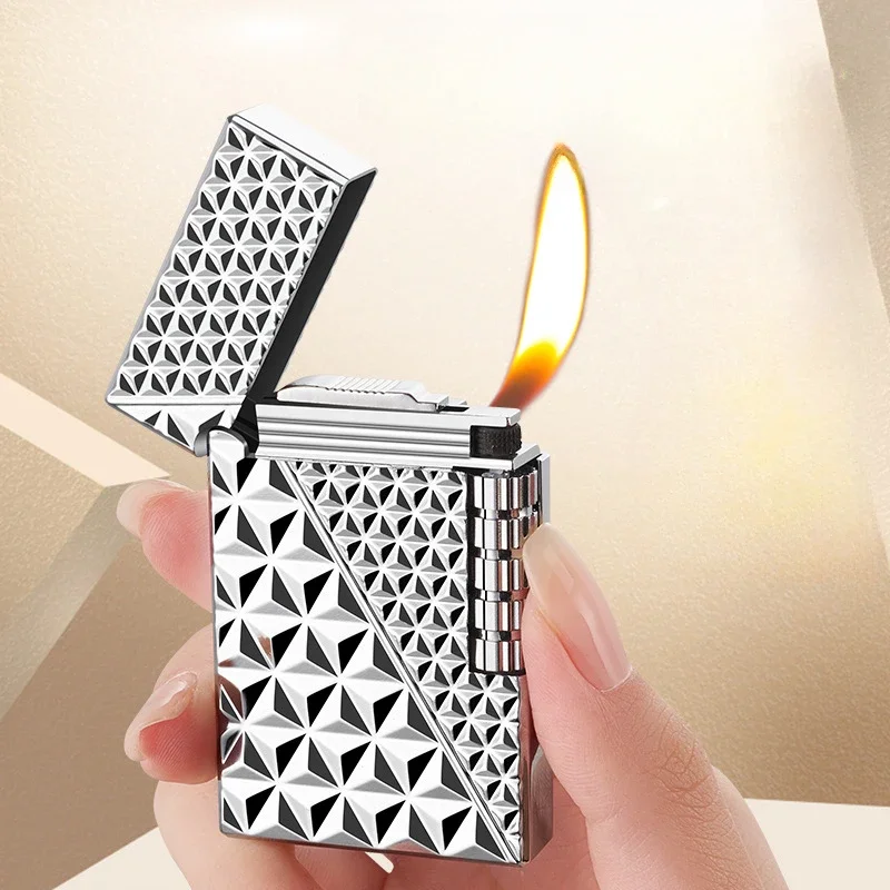 

Vintage Grinding Wheel Langsheng Lighter Diamond Texture Oblique Fire Gas Lighters Men's High-End Gifts Wholesale Cross-Border