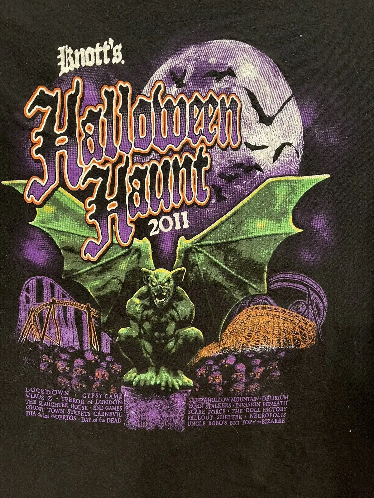 Knotts Spaventoso Fattoria Halloween Haunt 2011 Gargoyle T Shirt Double Sided Size Piccole Maniche Lunghe