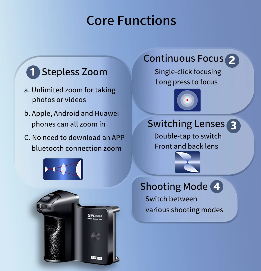 BK-CH8 Stepless Zoom for Iphone Android Phone Selfie Booster Handle Grip, Blueto