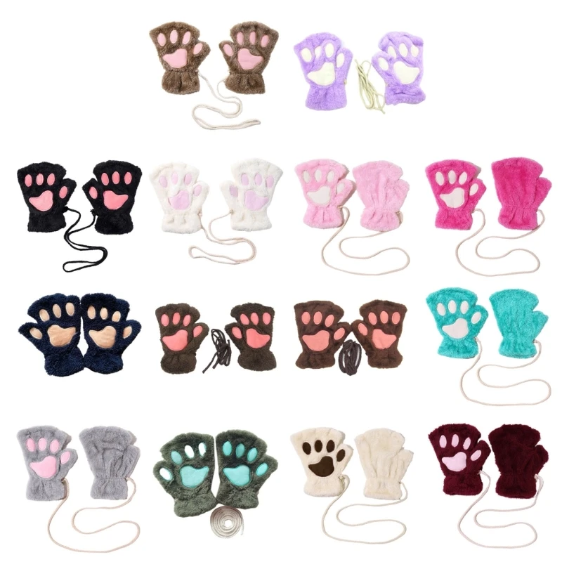 

Плюшевые перчатки, зимние варежки с половиной пальца, эластичные перчатки с сенсорным экраном, мультяшные медвежьи лапы, в форме