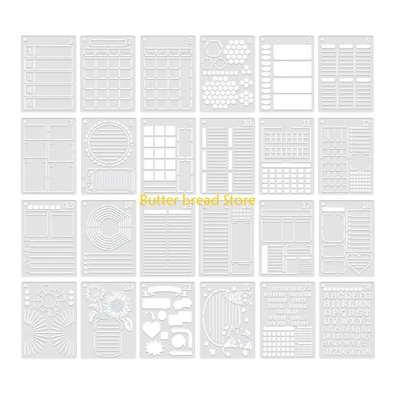 W89C 24Pcs 실용 저널 스텐실 노트북 일기 스크랩북 DIY 5x7 용 시간 절약 플래너 용 빨 수있는 드로잉 템플릿