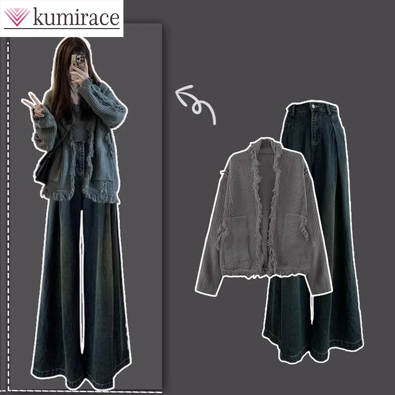 New Korean Autumn Set Women's 2023 Premium Grey Cardigan Jeans Two Piece Winter Set Women's Two Piece Set Pants women pants