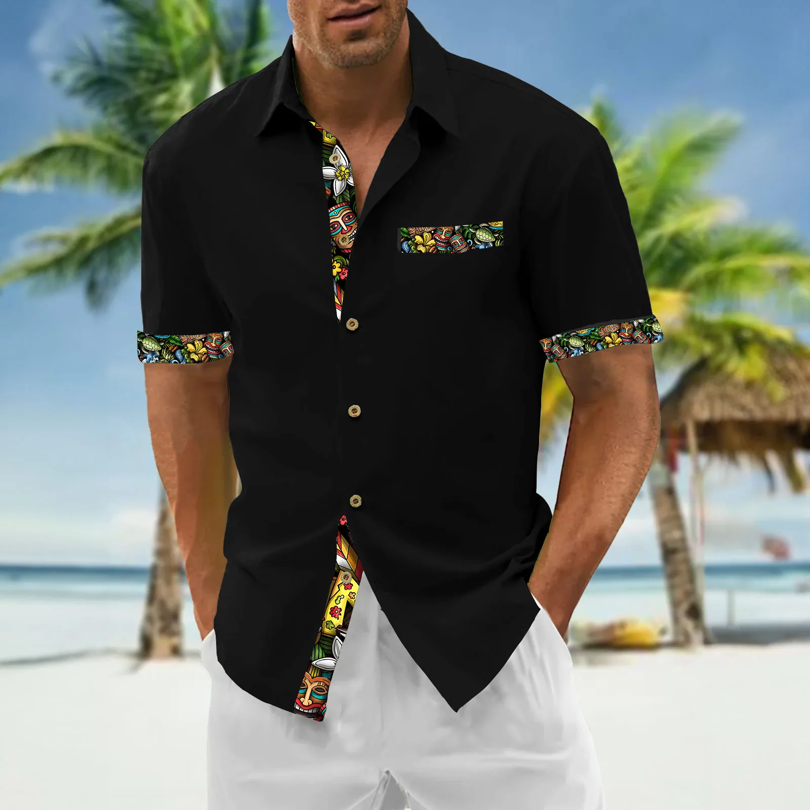 

Hawaiian For Men Summer Short Sleeve Shirt Street Fashion Resort Travel Outfits Solid Color Oversized Men's T-Shirt Clothing