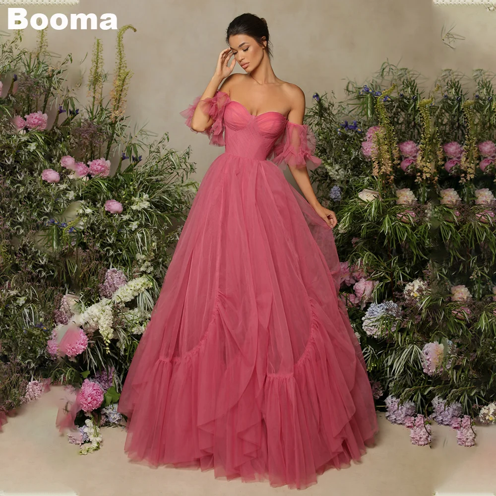 Booma Pink A-Line Elegant Prom Dresses Off Shoulder Sweetheart Tulle Graduation arty Gowns Ruched Long Evening Dress for Women