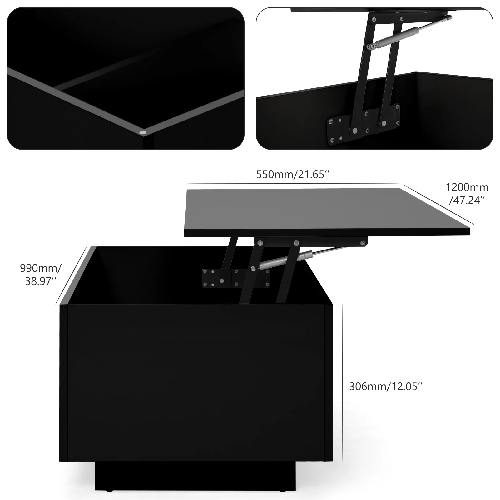 Led Lift Top Table for Living Room, High Gloss Coffee Table with Hidden Storage, 47 inch Modern centre