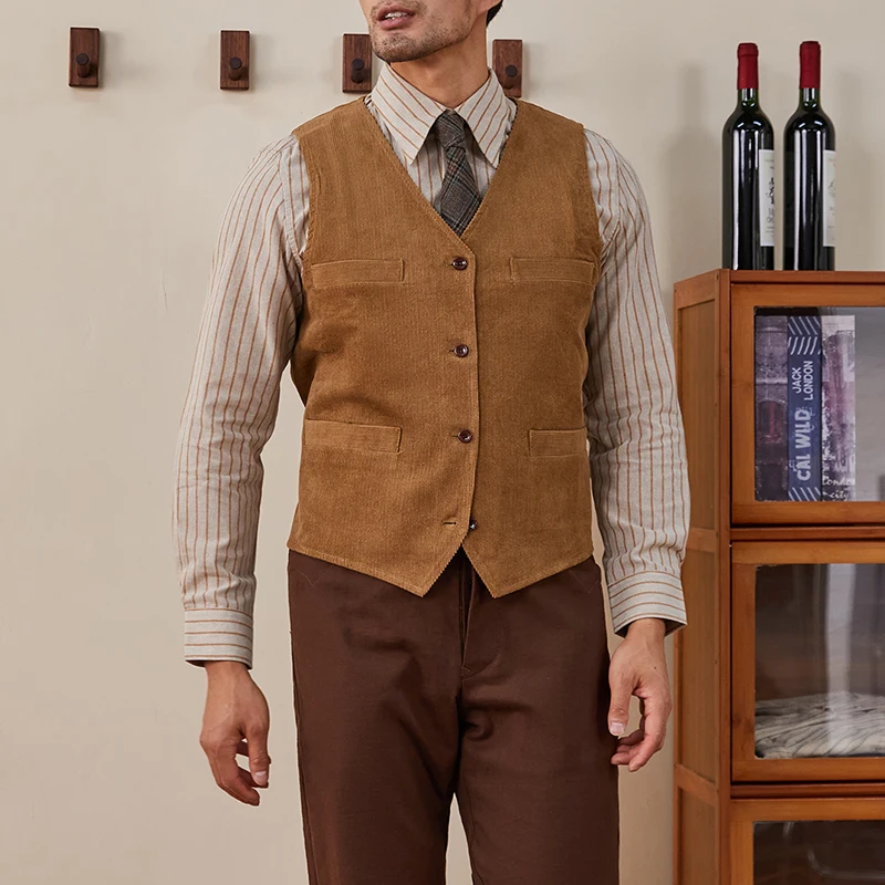 Men's Vest Brown Corduroy Tweed V Neck Male Gentleman Business Waistcoat Single Breasted Formal Wedding Groom Costumes Vest