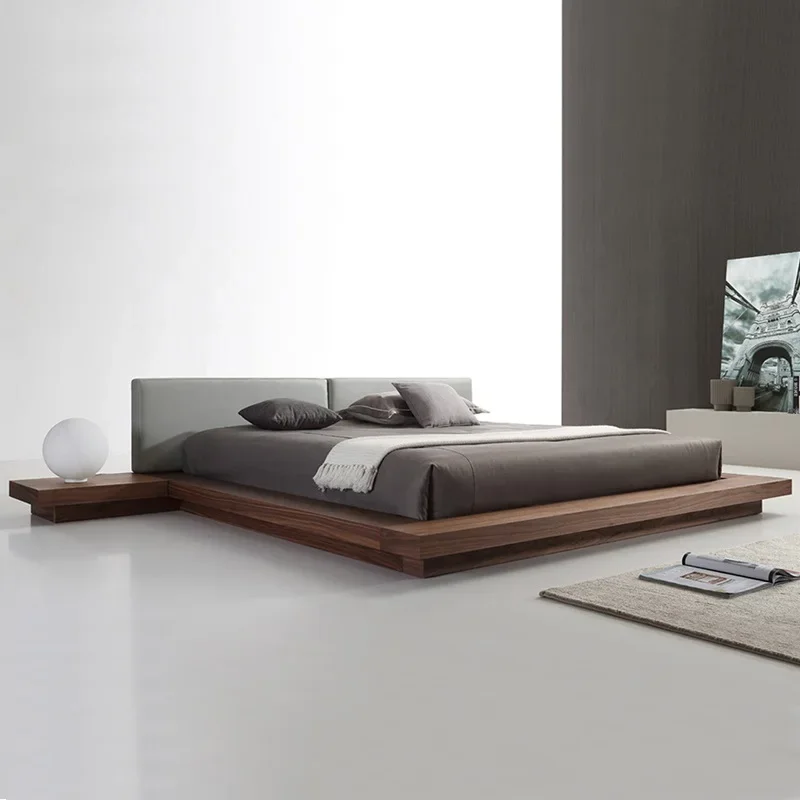 

Bed Nordic solid wood modern simple floor Japanese tatami black walnut soft bag low double platform