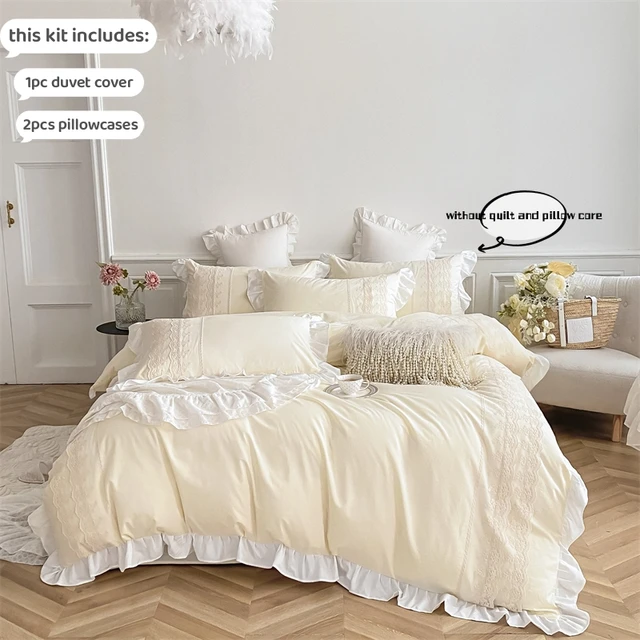 Ensemble de literie en dentelle de style princesse, housse de couette avec taies, roi et double, beige, 3 pièces 3