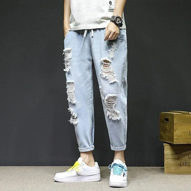 Loose Male Cowboy Pants Cropped Trousers Ripped Broken with Holes Men's Jeans Baggy Torn Japanese Street Style Korean Trend