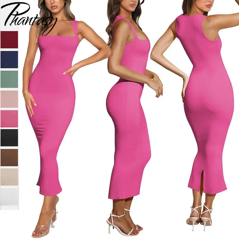 

Женский сарафан с квадратным вырезом Phantasy, розовое однотонное облегающее платье, элегантное офисное платье для весны и лета, 2024