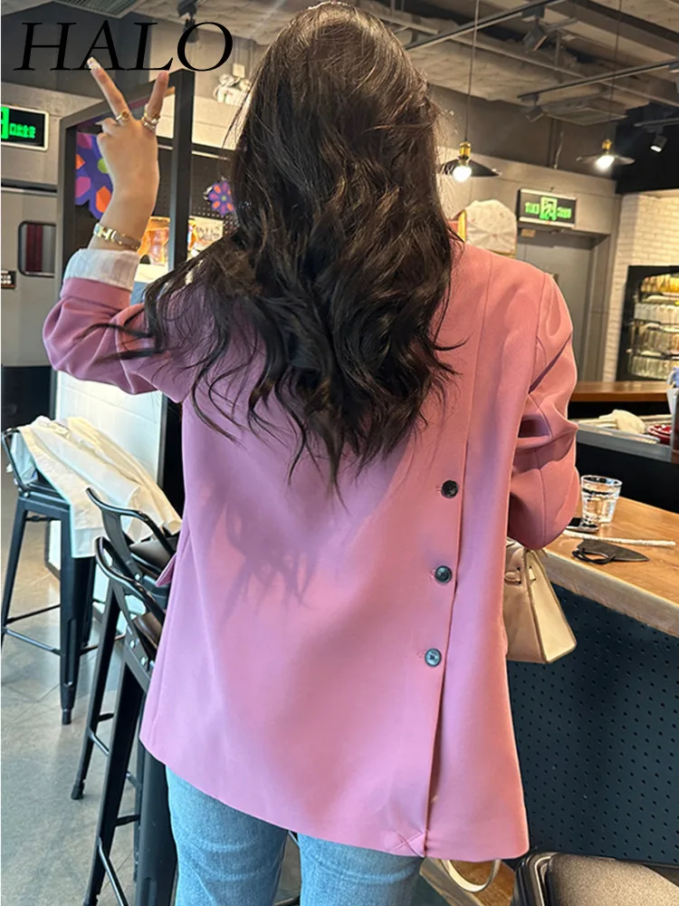 

HALO Pink Long Sleeved Double Breasted Suit Jacket For Women's Spring And Autumn 2024 New Solid Color Retro Back Buttons