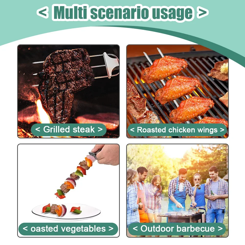 3 Way Grill Skewers Shrimp Skewers For Grilling Stainless Steel Reusable Semi-Automatic BBQ Fork 2 Way Kebab Stick Kitchen Tools