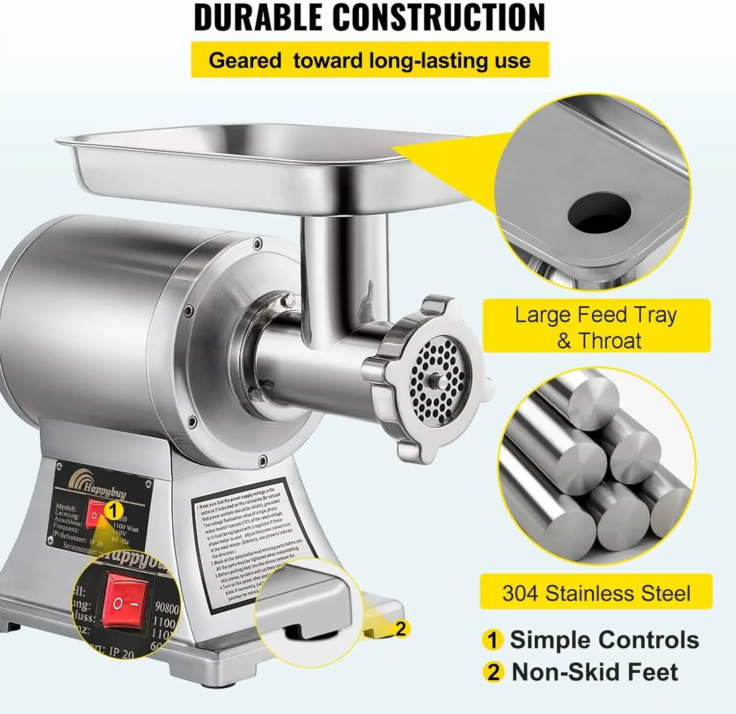 Commercial Meat Grinder,550LB/h 1100W, 220 RPM Heavy Duty Stainless Steel Industrial Meat Mincer w/2 Blades, Grinding P 4