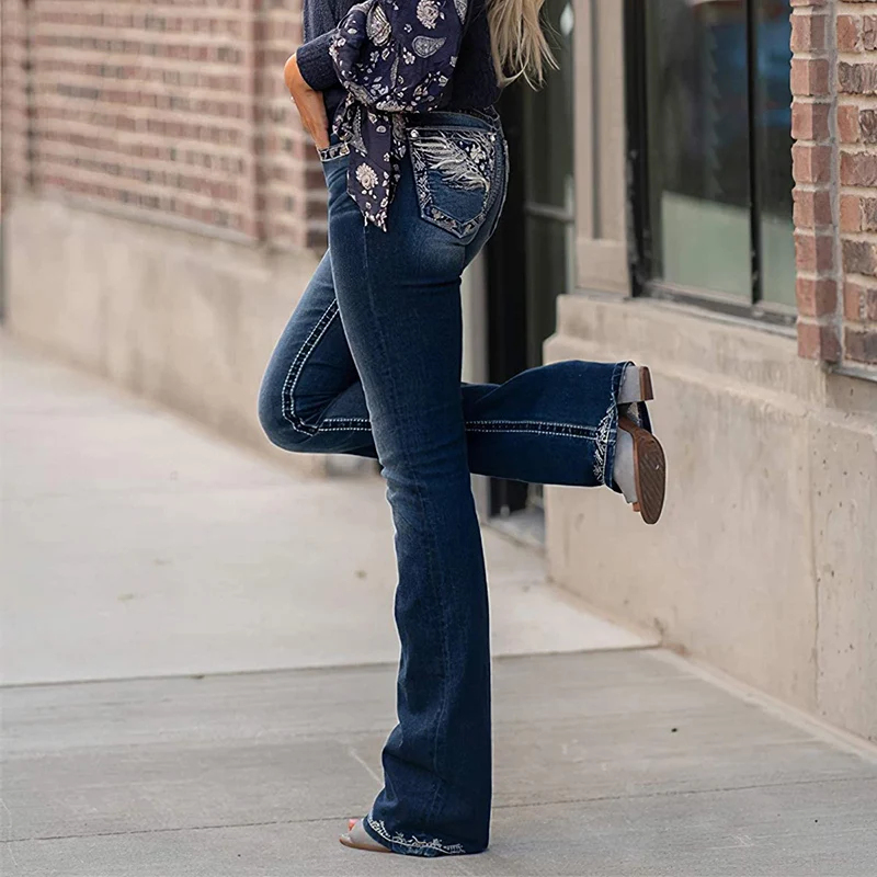  Women's Embroidered Slim Casual Jeans Women's Pants Comfortable Boots Jeans Slim-fit Women's Pants Vintage Streetwear