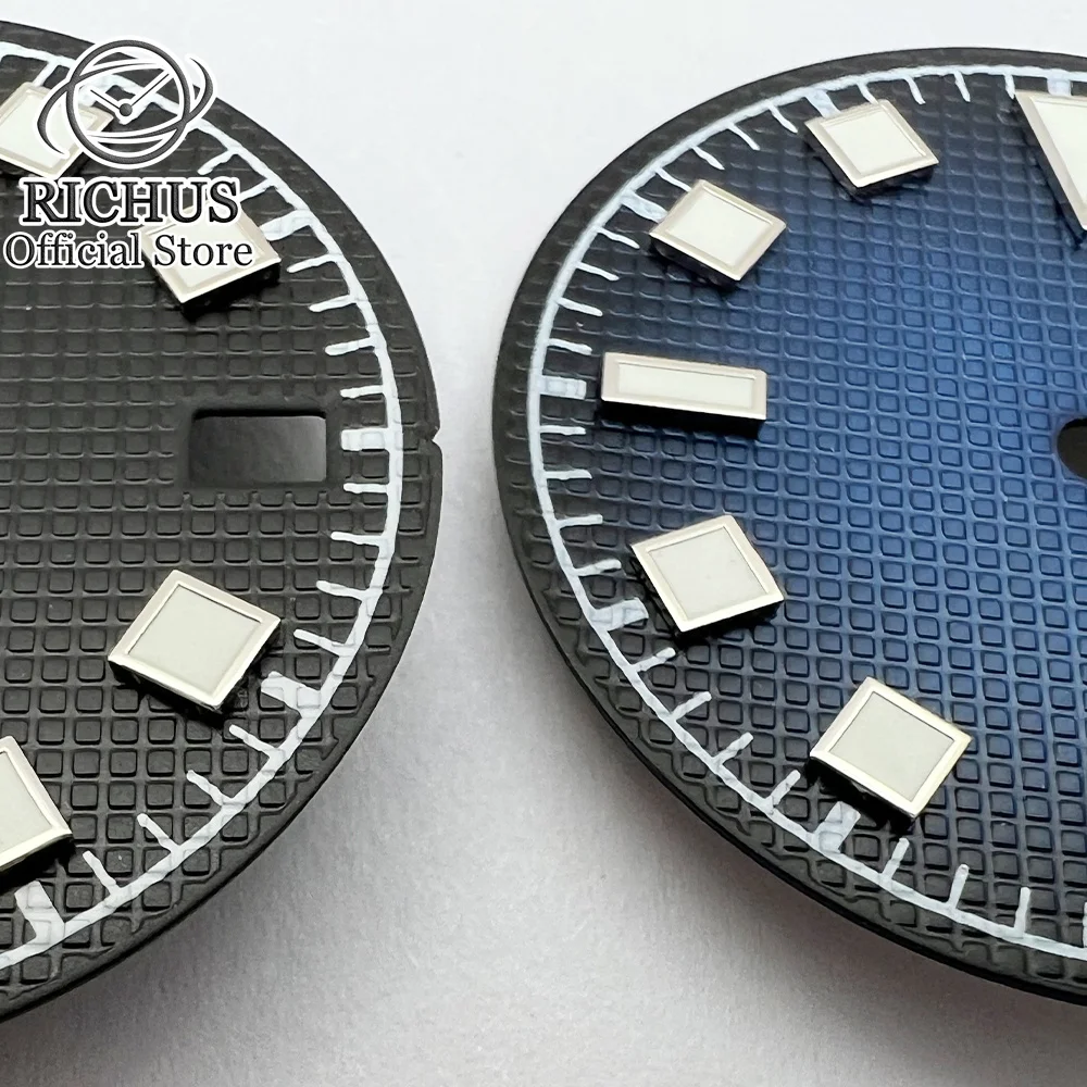 RICHUS 29mm Watch Dial Grid Black Blue Green Color Gradien Fit NH35 Movement Date Window at 3 O'clock Green Luminous