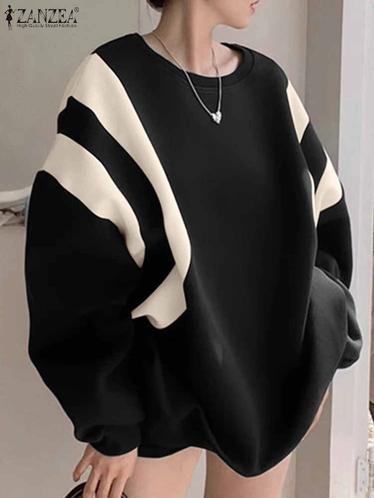 ZANZEA Holiday Oversized O-neck Hoodies Women Striped Sweatshirts Casual Loose Fit Long Sleeve Pullover Korean Colorblock Jumper 2