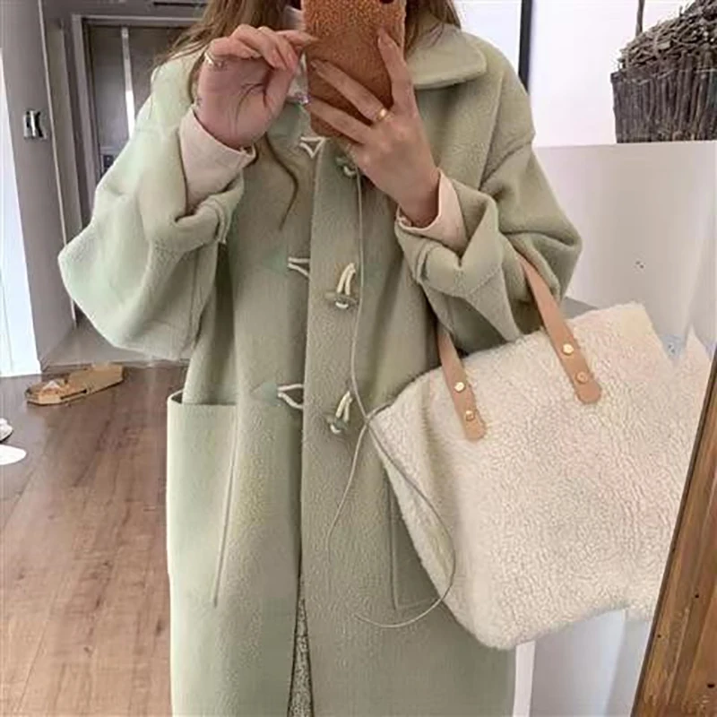 

2022 Autumn And Winter Women's New Small Korean Style Loose Mid-length Horn Buckle Imitation Double-sided Woolen Coat