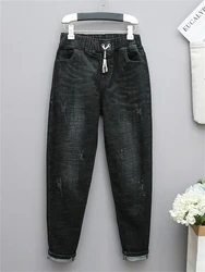 3323 Spring Summer New Fashion Women Large 100kg Casual Loose Female Elastic Waist Oversize Jean Trousers Jeans Wild Pants