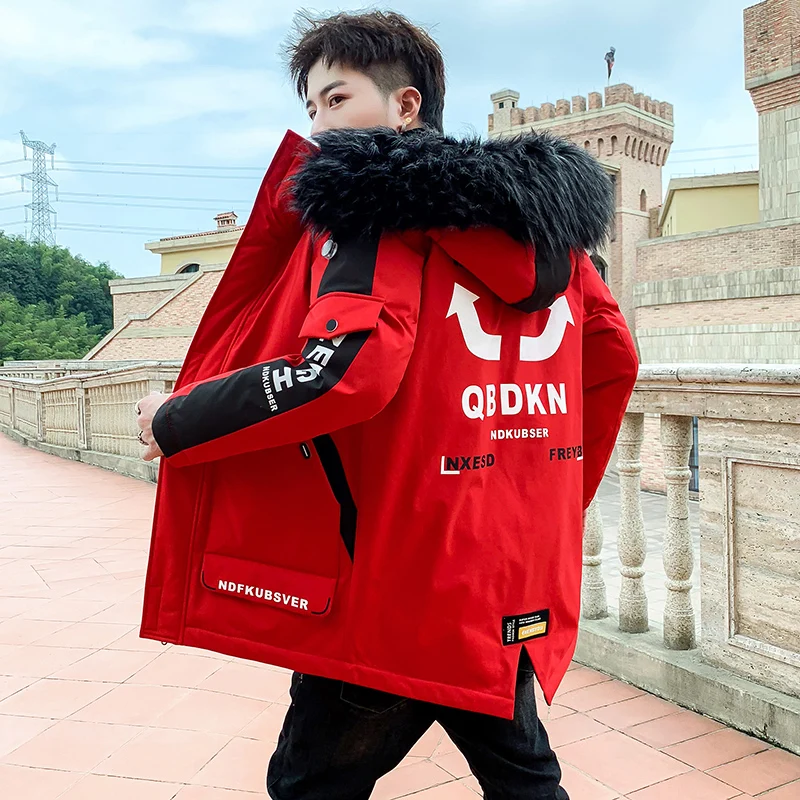 Classic Casual Mens Winter Hooded Cotton-Padded Jacket Outwear Warm Thick Parkas Detachable Fur Collar Down Coat Top Windbreaker