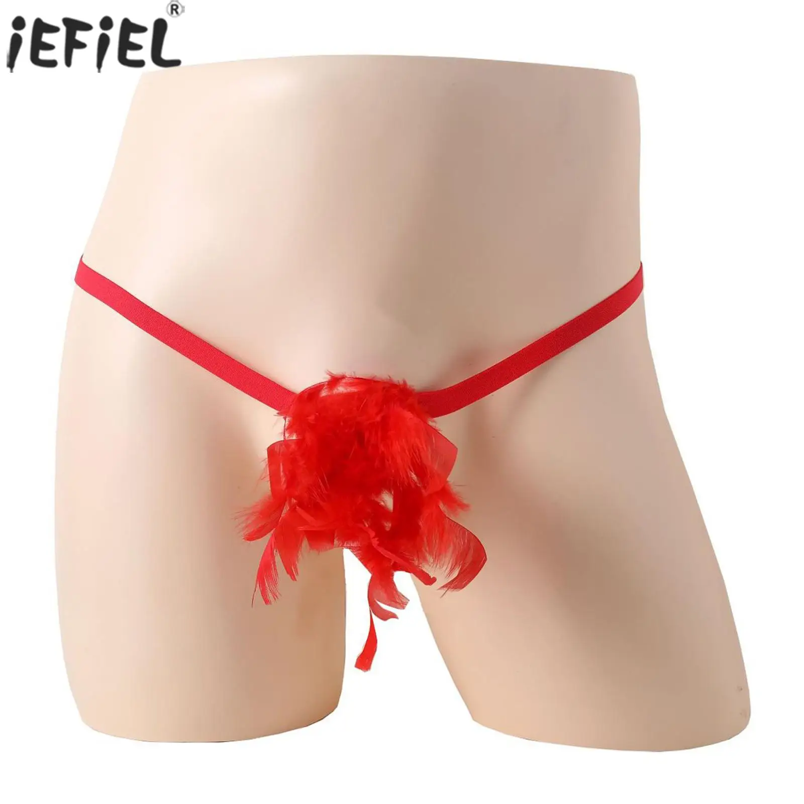 

Mens Feather T-Back Thongs Underwear Opening Sheath Fluffy Feather Low Waist G-String Funny Lingerie for Halloween Gay Underpant