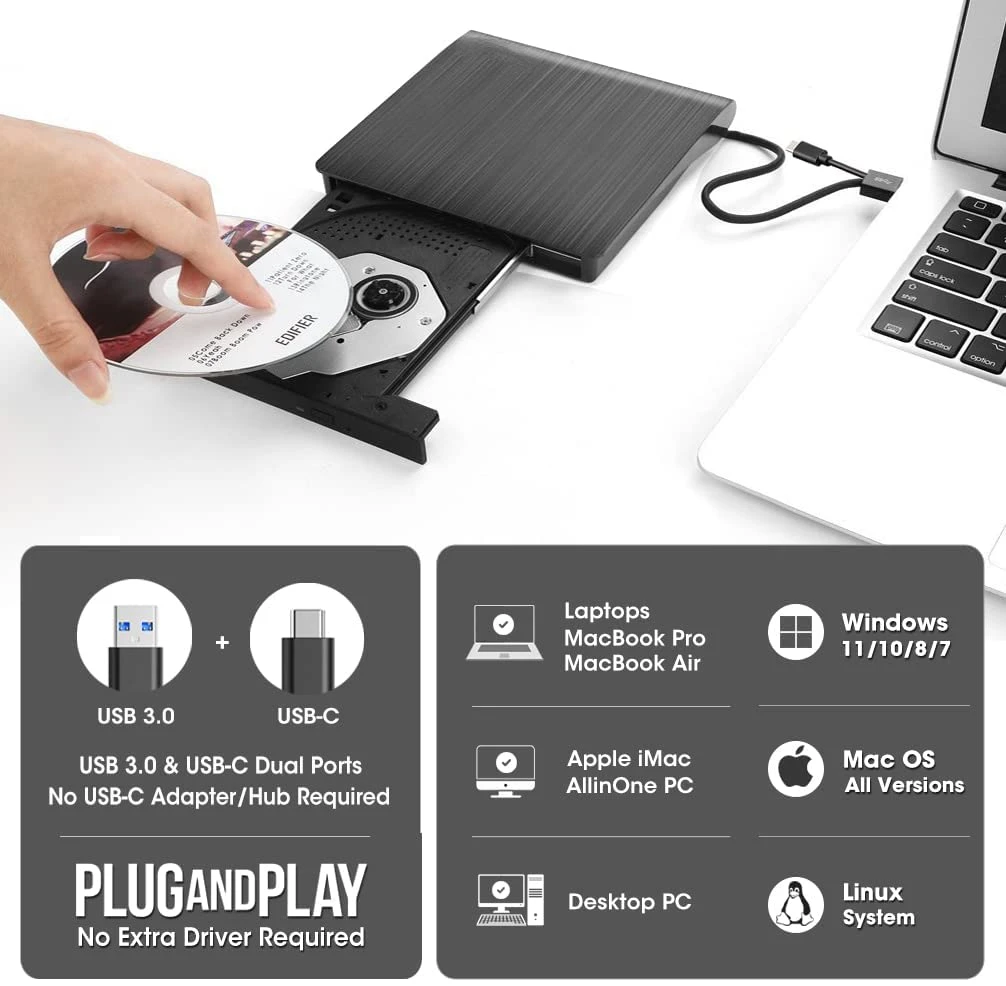 Gravador de cd e Dvd Externo Leitor de Unidade Óptica Portátil Usb 3.0 Tipo-c Escritor para Laptop Desktop Windows 8 - Imagem 4