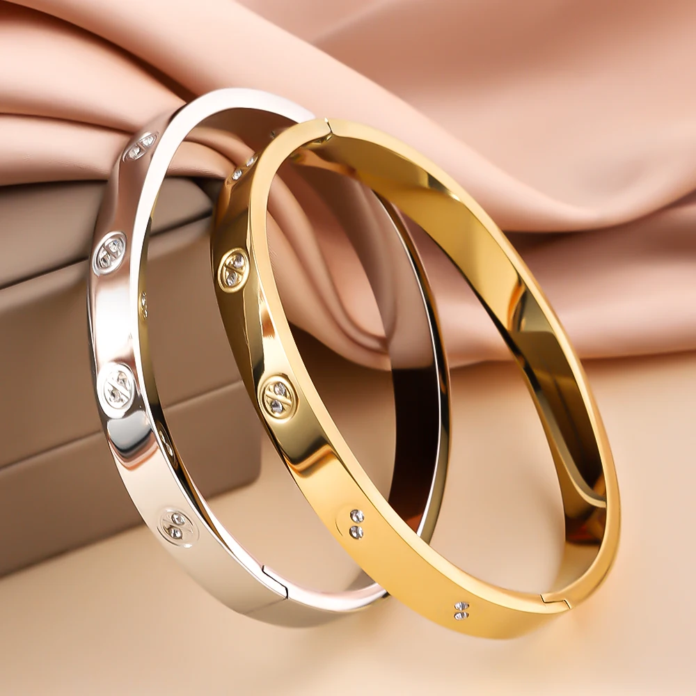 ZHIRUI Wide Stainless Steel Cuff Bracelet, Waterproof Gold Color Metal Bracelet, Women's Exquisite Jewelry Gift 2
