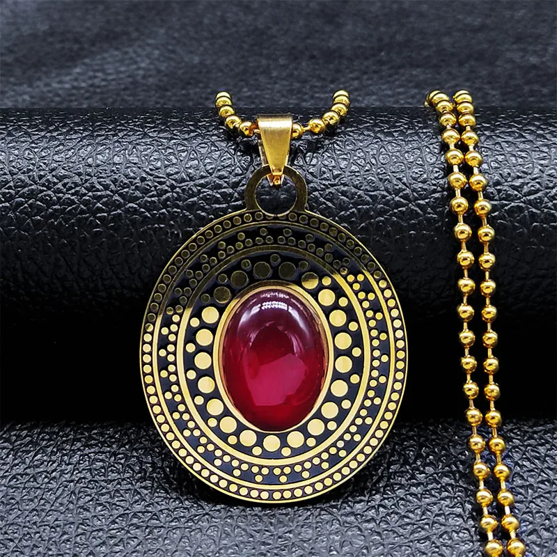 Böhmische Rote Naturstein Edelstahl Ovale Halskette für Damen, Goldfarbene Blumen-Halskette, Schmuck Cadenas Mujer N3606S04 – Detail 8