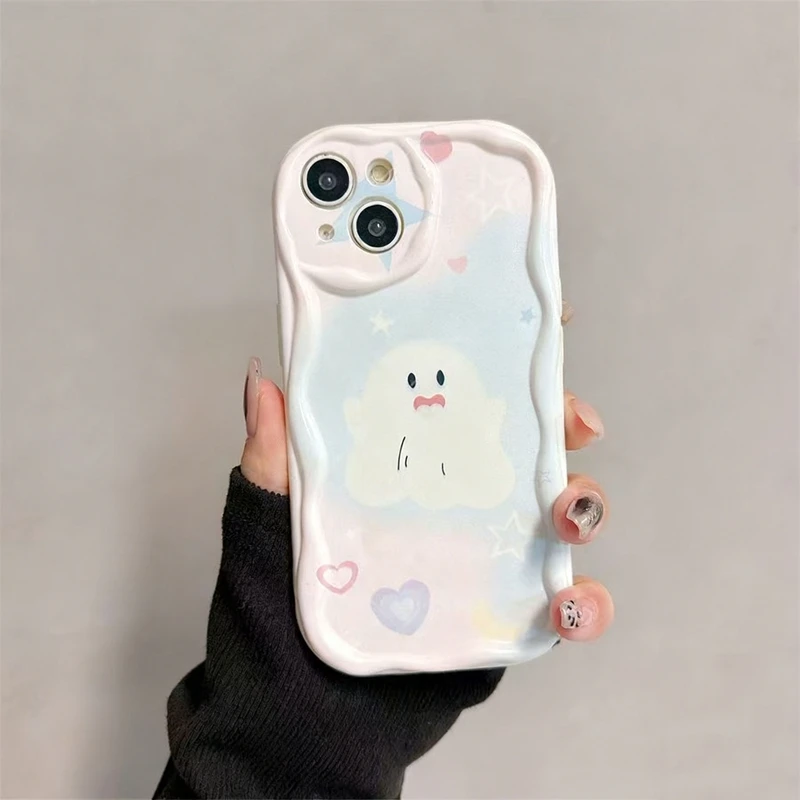 White Ghost Stand Holder Wave TPU Soft Phone Case