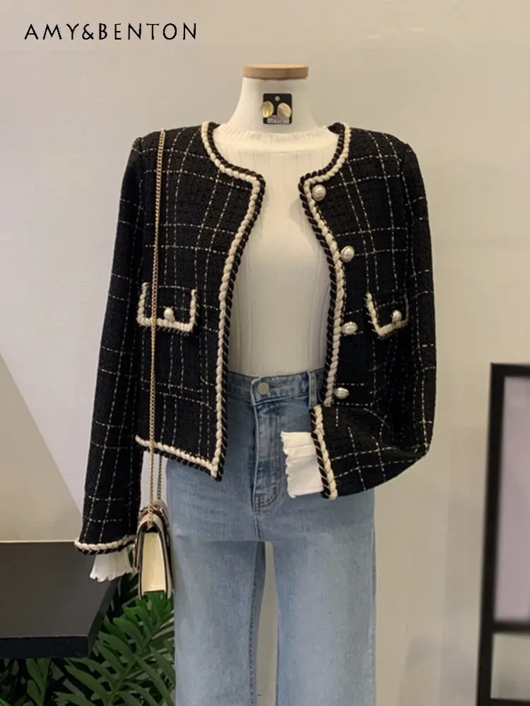 

Autumn New Korean Style Elegant Fashionable Long Sleeve Jacket Lady Black Plaid Tweed Lightly Mature Suit Short Coat for Women