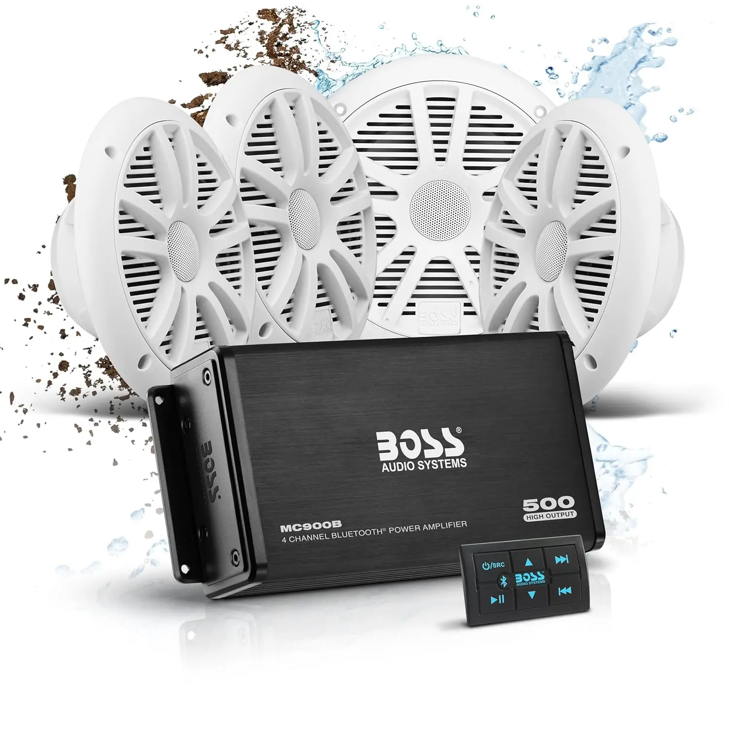 Audio Systems .64 Marine Boat 6.5 inch Speakers and 4 Channel Amplifier-500 High Output, Bluetooth Remote